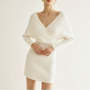 Commense Ivory Ribbed Criss Cross Wrap Sweater Dress Mini XS NWT Off White